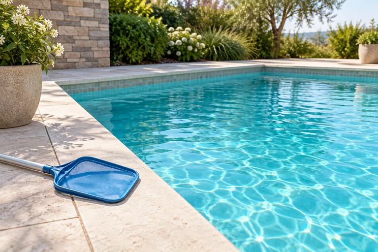 Turquoise pool water, pale coping stone and a leaf skimmer on the deck.